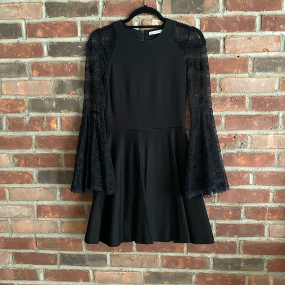 Alice + Olivia Black Lace Bell Sleeve Fit and Flare Dress - Picture 3 of 6